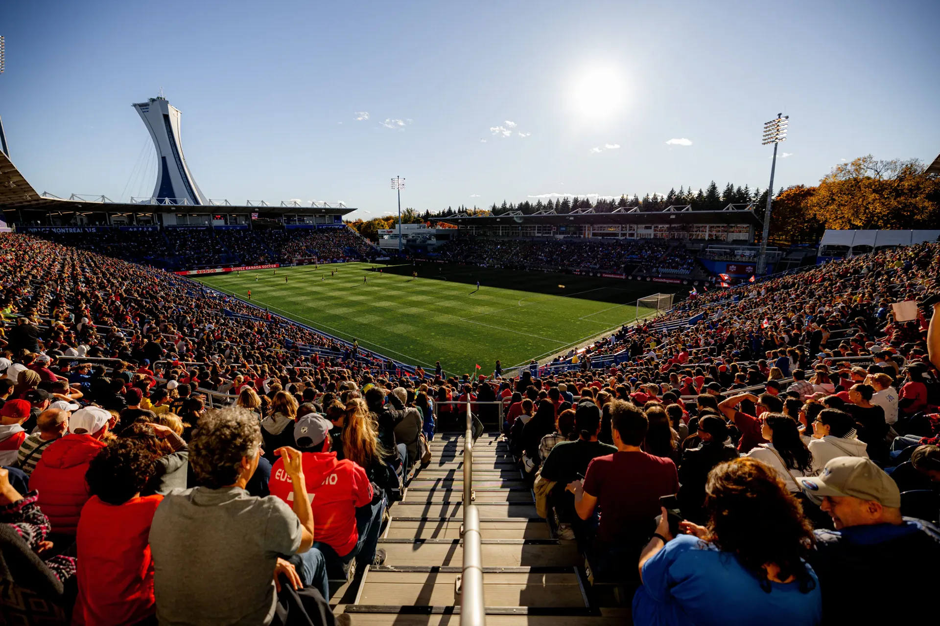 Matchday view from the stands at Stade Saputo in Montréal with the Olympic Stadium tower in the background