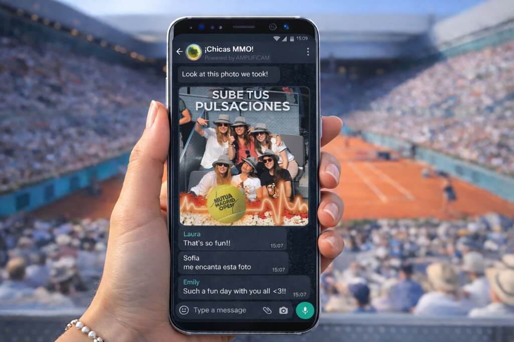 Fan sharing branded fan-cam moment from Mutua Madrid Open via messaging app — fan engagement technology in action