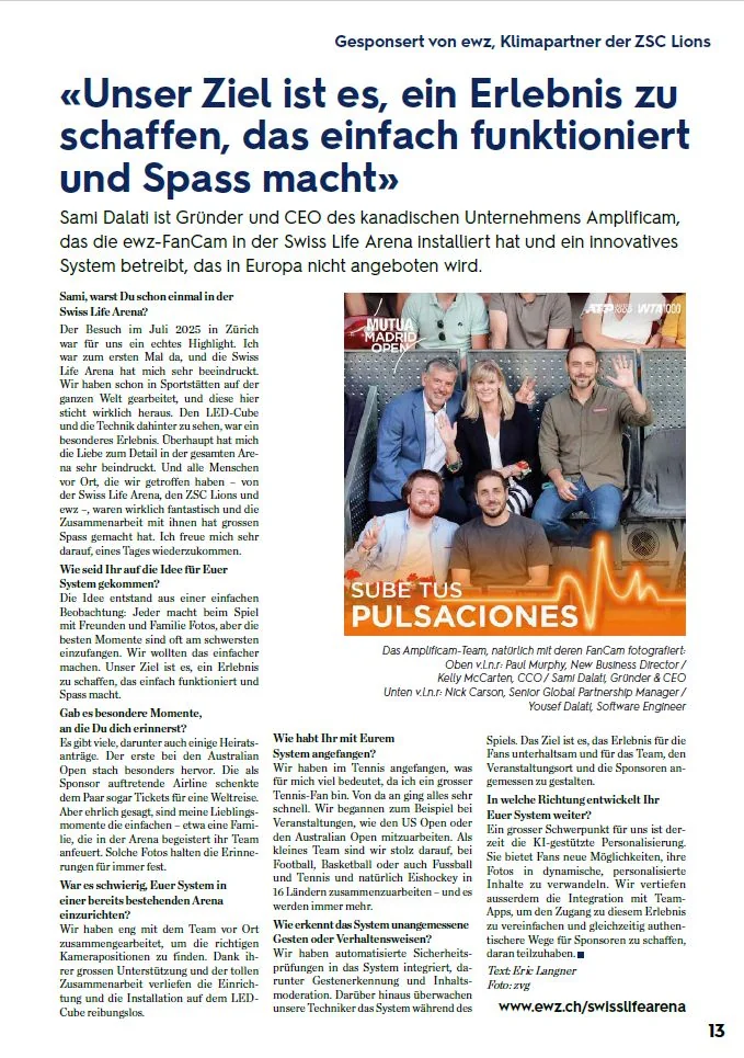 Magazine feature: interview with Sami Dalati on the ewz-FanCam at Swiss Life Arena, sponsored by ewz and ZSC Lions