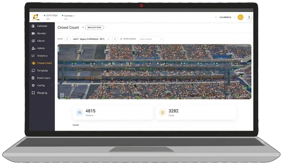 Crowd Count live dashboard on a laptop showing venue occupancy and person counts